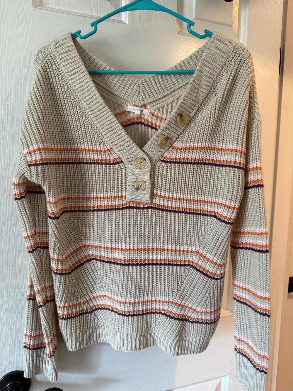Maurices Cream Knit Scoop Sweater with Orange & Brown Stripes